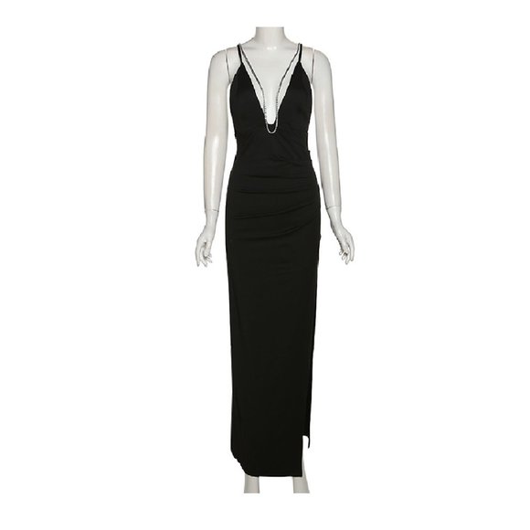 Black Dress Backless Dress Deep V High Leg Slit Long Formal Dress Evening Dress - Picture 5 of 6